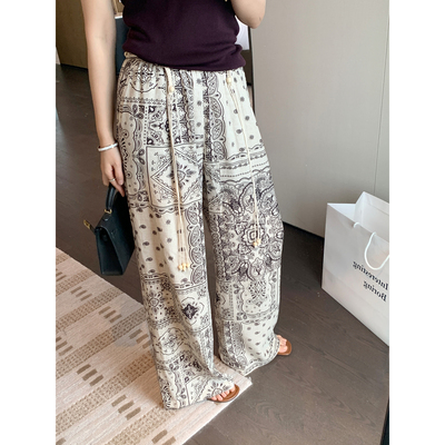 5.07新品 本希benxe松弛水墨裤~宽松棉麻抽绳印花休闲阔腿裤