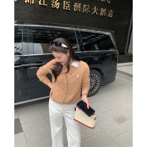 8.14新品 本希benxe/假两件拼接翻领绵羊毛早秋温柔气质显瘦开衫