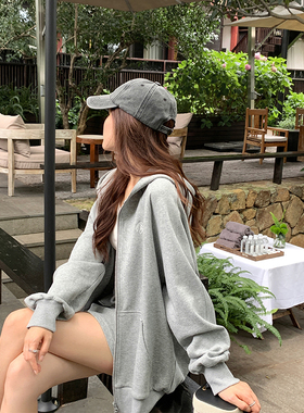 本希benxe 休闲运动套装女春秋季宽松灰色连帽卫衣套装两件套