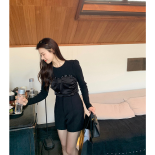 入夜巴黎 假两件显瘦重工拼接上衣 2025蝴蝶结拼接长袖