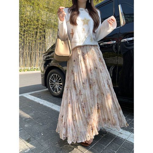 重工压褶设计氛围感碎花半身裙女