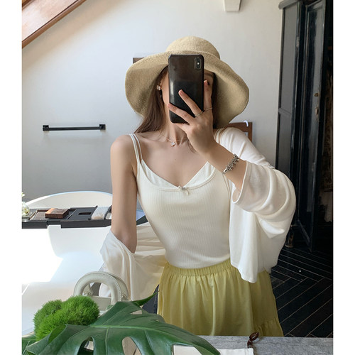 夏末清清~本希benxe/甜心公主 假两件蝴蝶结蕾丝带胸垫背心吊带