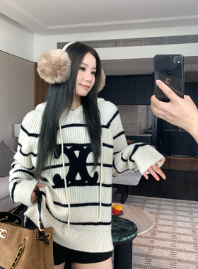 11.08本希benxe/活力满格 长袖连帽毛衣条纹毛衣上衣