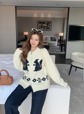 11.08本希benxe/时髦调性 慵懒风翻领软糯拉链长袖针织开衫毛衣