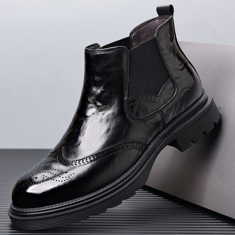 头层牛皮加绒棉鞋英伦雕花切尔西靴男冬季真皮保暖商务休闲高帮鞋