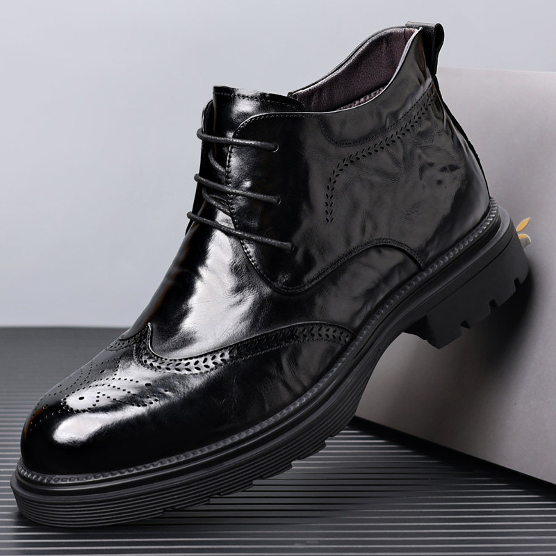 头层牛皮冬季加绒棉鞋英伦风真皮高帮鞋黑色雕花增高商务休闲皮鞋,流行男鞋,高帮鞋,淘宝优惠券,粉丝福利购,淘宝优惠卷