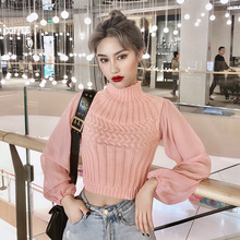 针织衫女长袖2019秋季新款时尚薄款半高领套头打底衫高腰短款毛衣
