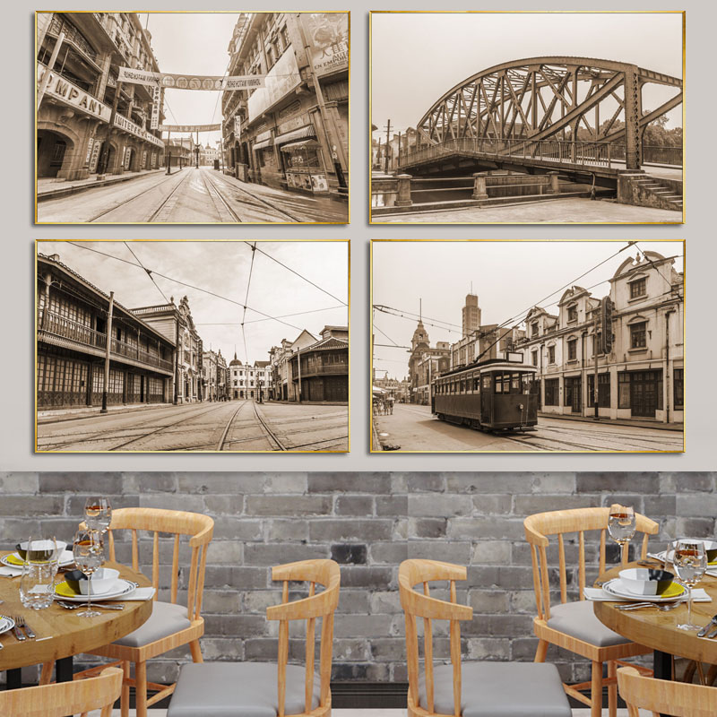 老上海民国风格壁画上海滩弄堂背景墙装饰画小吃餐厅黑白街景挂画