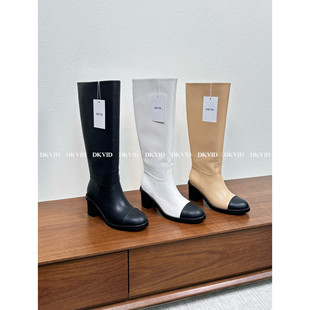 11.28 DKVID style Minimalist 粗跟拼色真皮长筒骑士靴 极简风