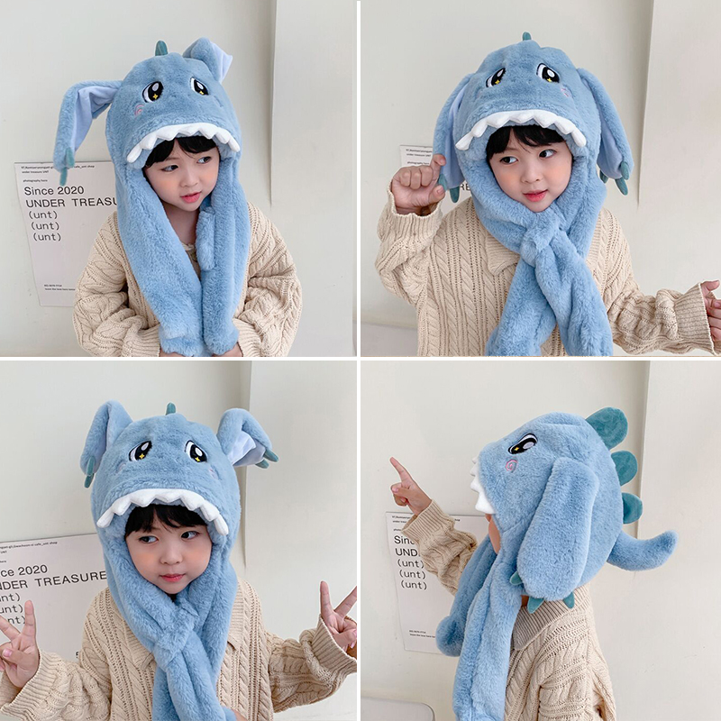 儿童帽子围巾一体围脖2025新款捏耳朵会动的小恐龙男孩宝冬季冬天