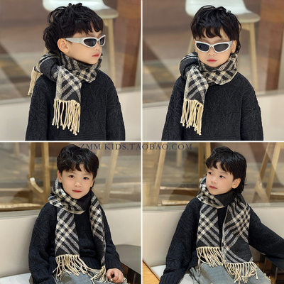 儿童围巾2025新款冬季保暖围脖护颈小男孩宝格子脖套冬天时尚韩系