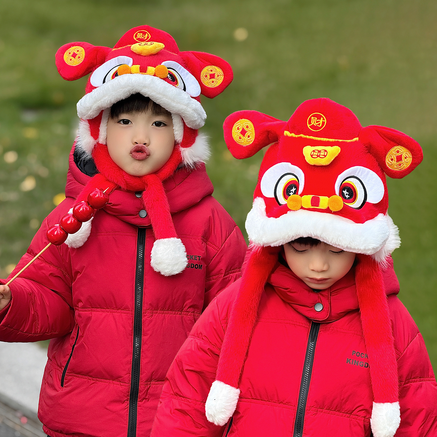 红色醒狮儿童帽子一捏耳朵会动的男孩宝新年过年马本命年礼物2026