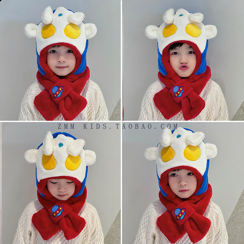 奥特曼帽子围巾一体儿童连围脖赛罗小男孩2025新款秋冬季帅气冬天