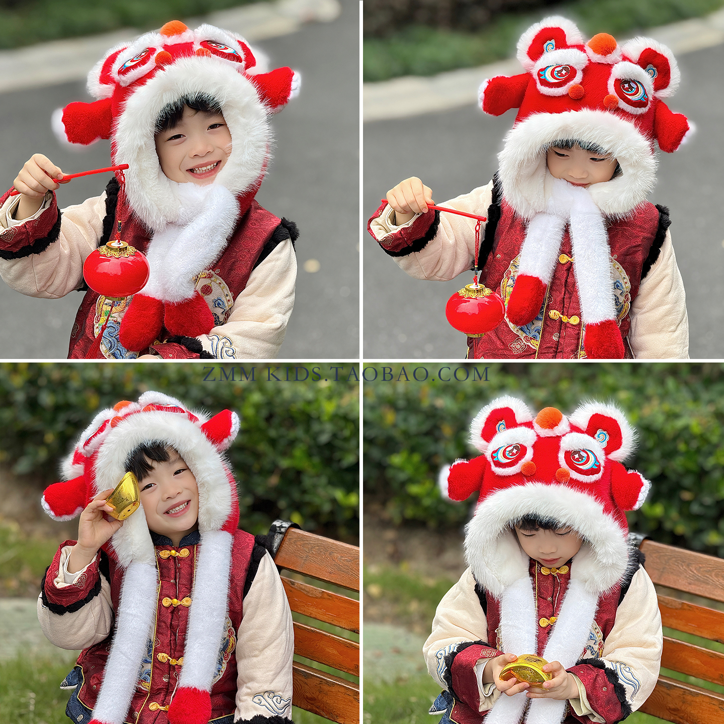 红色醒狮帽子围巾一体儿童2025新款耳朵会动的新年过年本命年礼物
