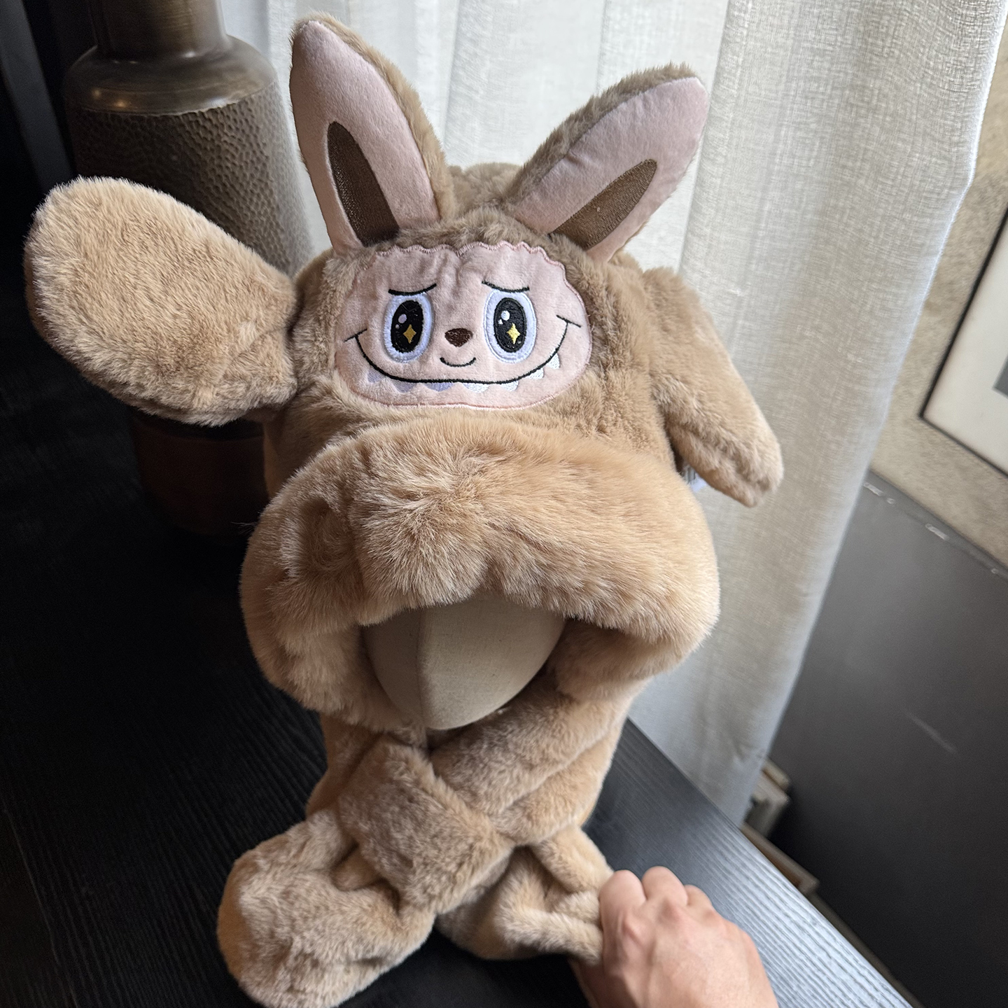 拉布布帽子围巾一体儿童围脖2025新款冬大男孩捏耳朵会动的labubu