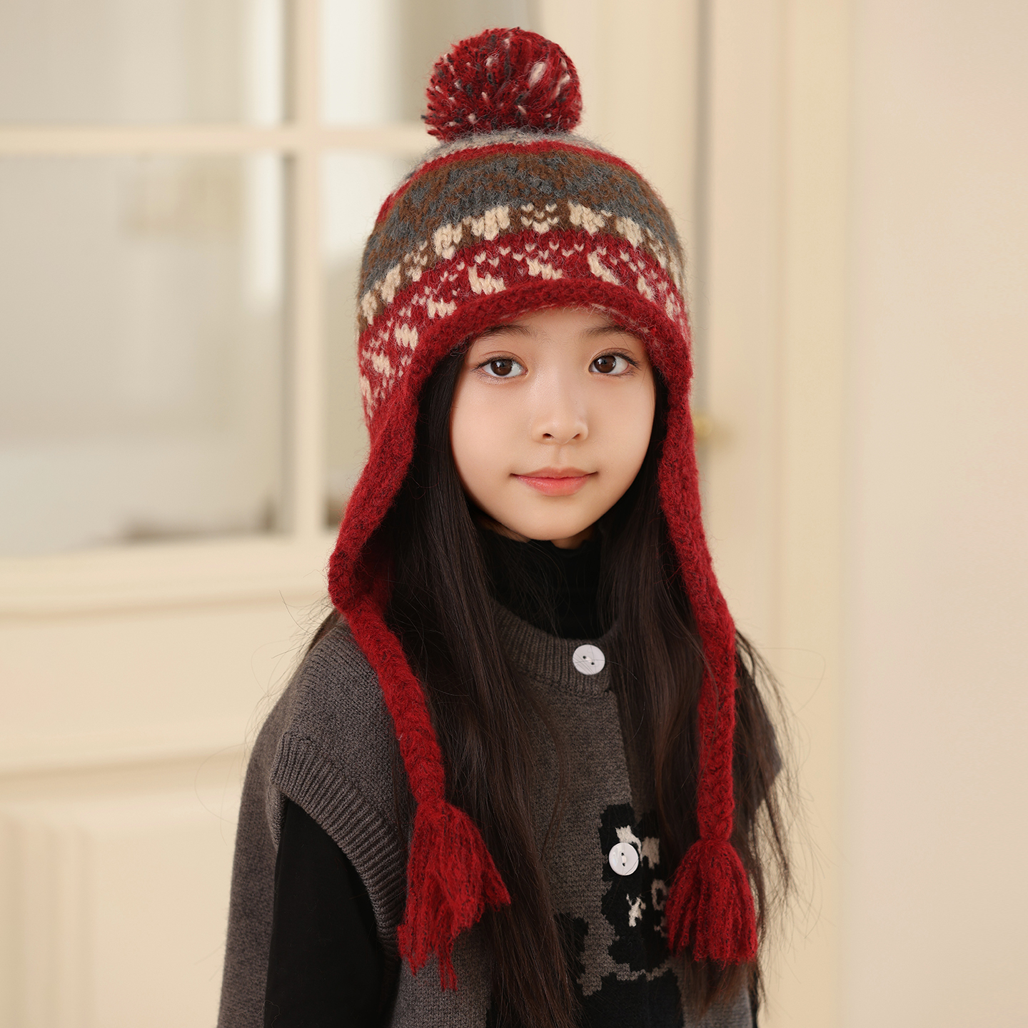 儿童毛线帽子2025年新款冬季针织护耳费尔岛大女孩时尚洋气超好看