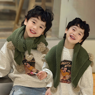 绿色儿童围巾三角大披肩2025新款 小男孩宝帅气围脖脖套冬天 冬季