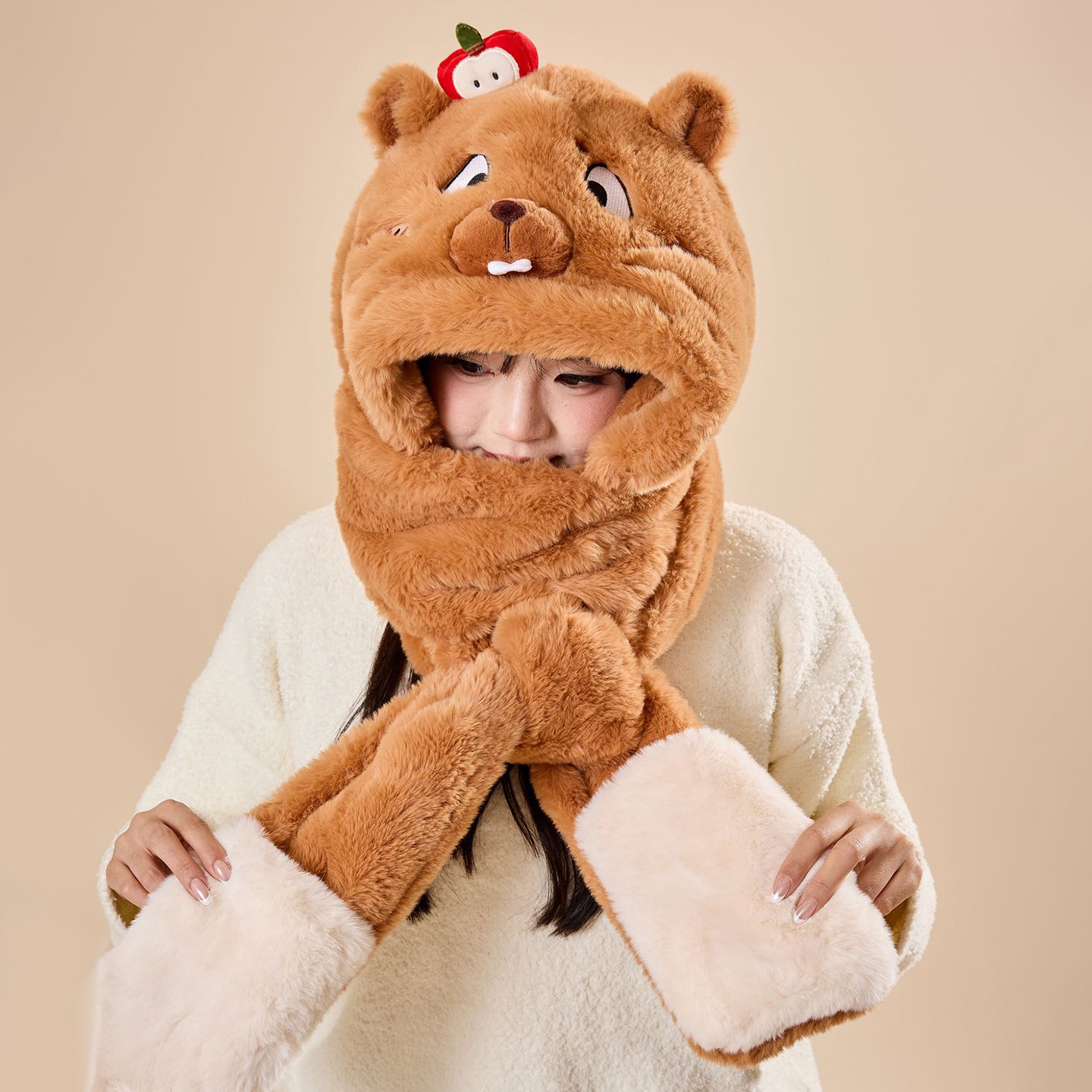 土拨鼠帽子围巾一体儿童手套围脖三件套2025新款冬季大男孩女冬天