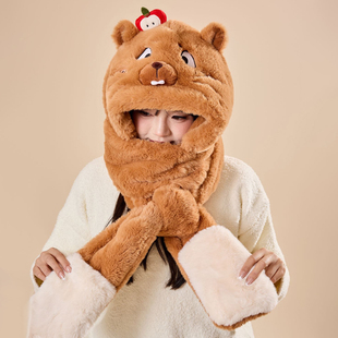 土拨鼠帽子围巾一体儿童手套围脖三件套冬季大男孩女超好看的冬天