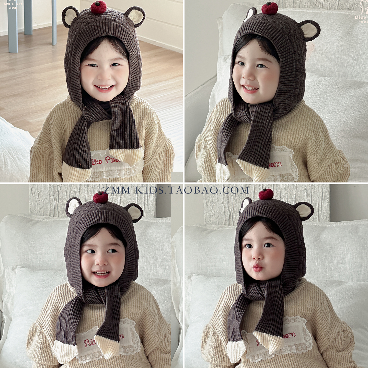 儿童帽子围巾一体女2025新款冬季小熊带围脖男孩宝洋气好看的冬天