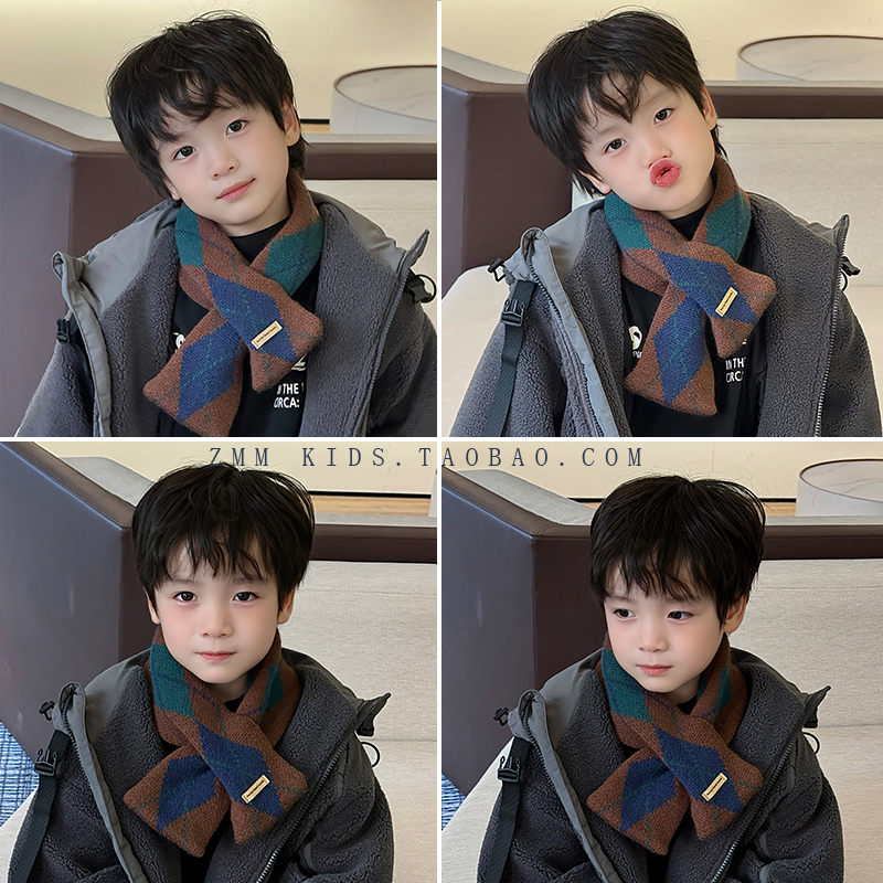 儿童围巾中大男孩宝2025新款秋冬季护颈巾小围脖交叉脖套帅气冬天