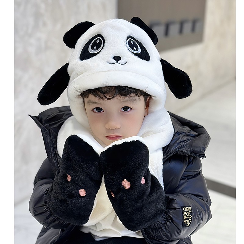 儿童帽子围巾手套一体捏耳朵会动的三件套熊猫围脖大男孩冬季冬天