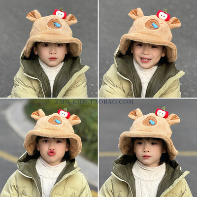 卡皮巴拉帽子渔夫盆儿童2025年新款冬季超好看中大男孩痞帅气毛绒