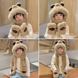 卡皮巴拉帽子儿童围巾一体手套三件套冬季2025新款围脖大男孩冬天