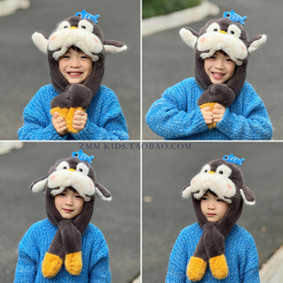围脖小男孩女冬天 捏耳朵会动 企鹅帽子围巾一体儿童2025新款 冬季