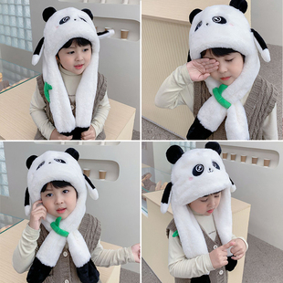 大熊猫帽子儿童围巾一体小男孩宝冬季 女围脖头套冬天 捏耳朵会动