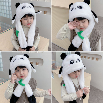 大熊猫帽子儿童围巾一体小男孩宝冬季捏耳朵会动的女围脖头套冬天