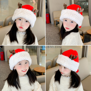 圣诞节帽子儿童装扮红色秋冬季小麋鹿角男孩女宝针织装饰配饰穿搭