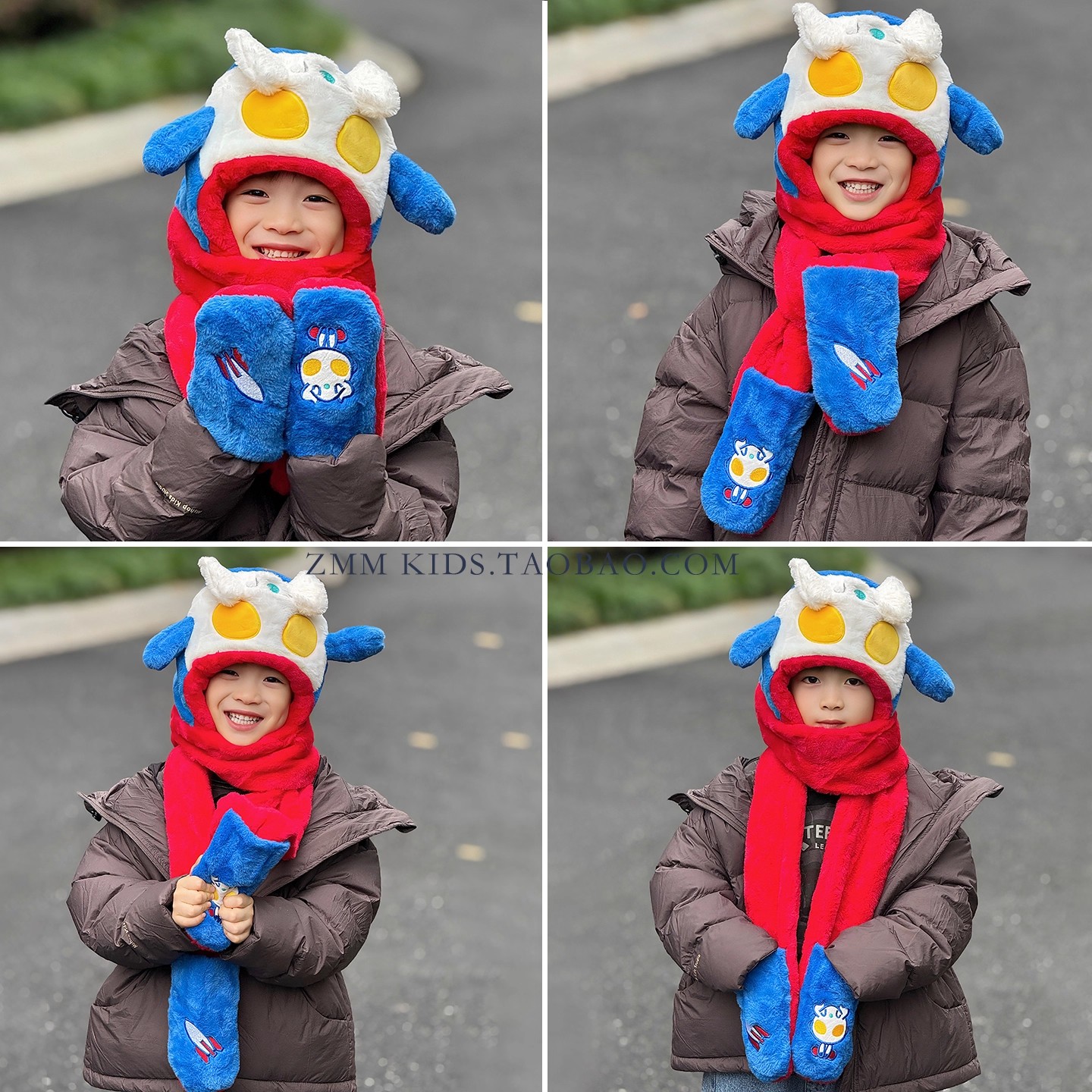 奥特曼帽子围巾一体儿童冬季手套三件套小捏耳朵会动的围脖大男孩