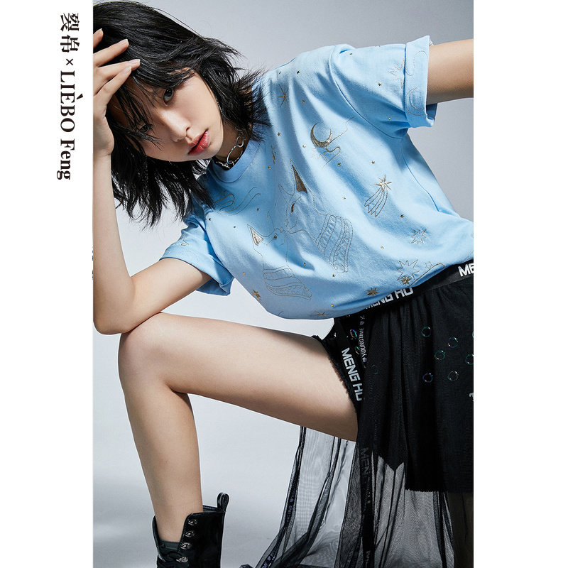 裂帛LIEBOFeng2020夏季新款文艺chic星座金线刺绣短袖宽松T恤女