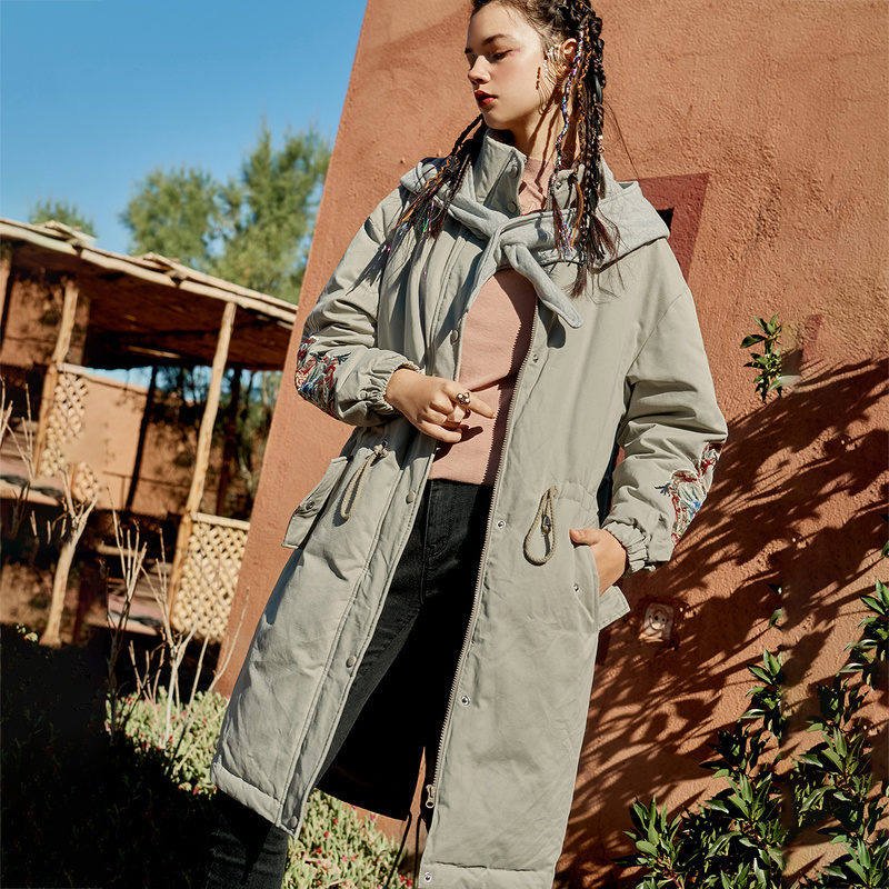 裂帛2020冬季新款chic复古风刺绣腰间抽绳温暖白鸭绒羽绒服女