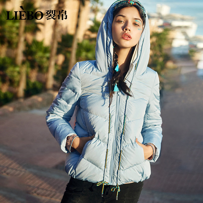 裂帛2019冬季新款清新休闲感彩色绳结罗纹拼接连帽短款羽绒服女