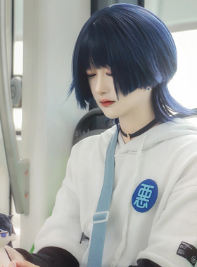 原神 散兵cos假发 愚人众执行官 深蓝色锅盖头 带挑染