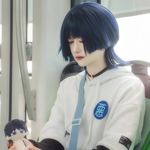 原神 散兵cos假发 愚人众执行官 深蓝色锅盖头 带挑染