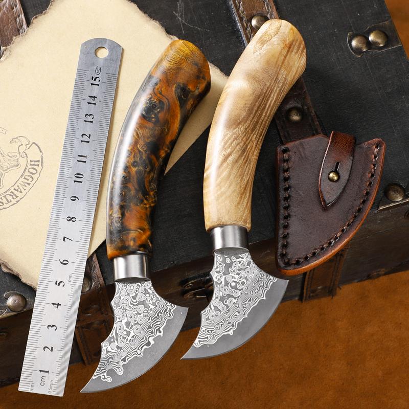 揽月扇进口大马士革钢小刀高硬度锋利切香刀手工锻打户外野营直刀