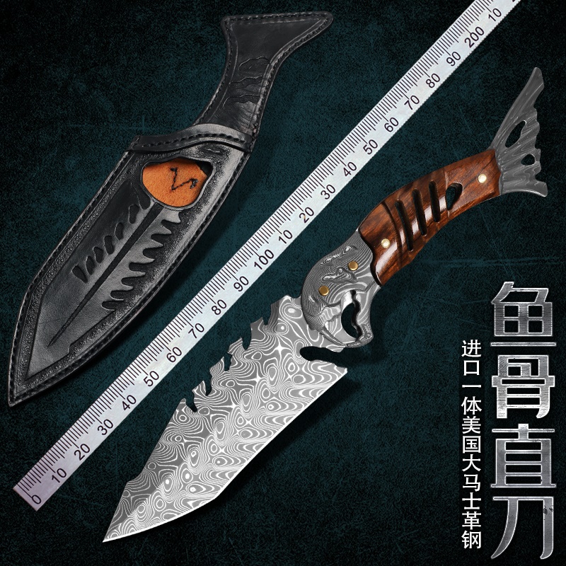 美国进口大马士革钢直刀高硬度收藏手工刀户外野营锋利小刀求生刀