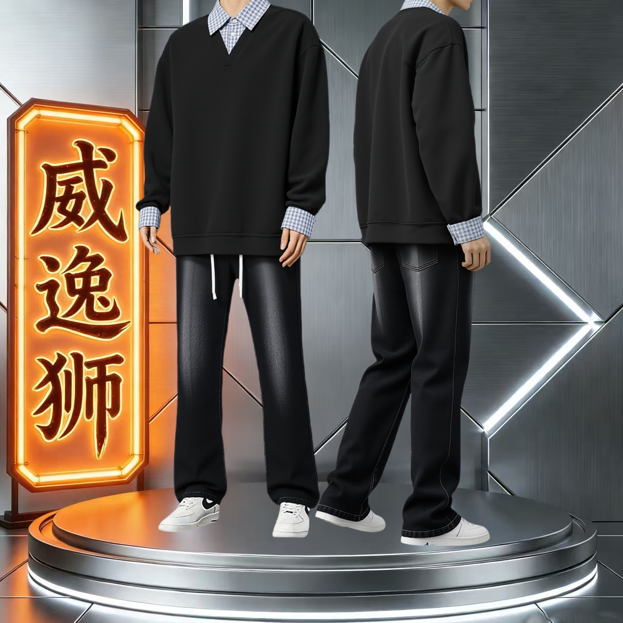 格纹翻领Polo衫男春秋季美式休闲套装男生假两件卫衣搭配牛仔裤子