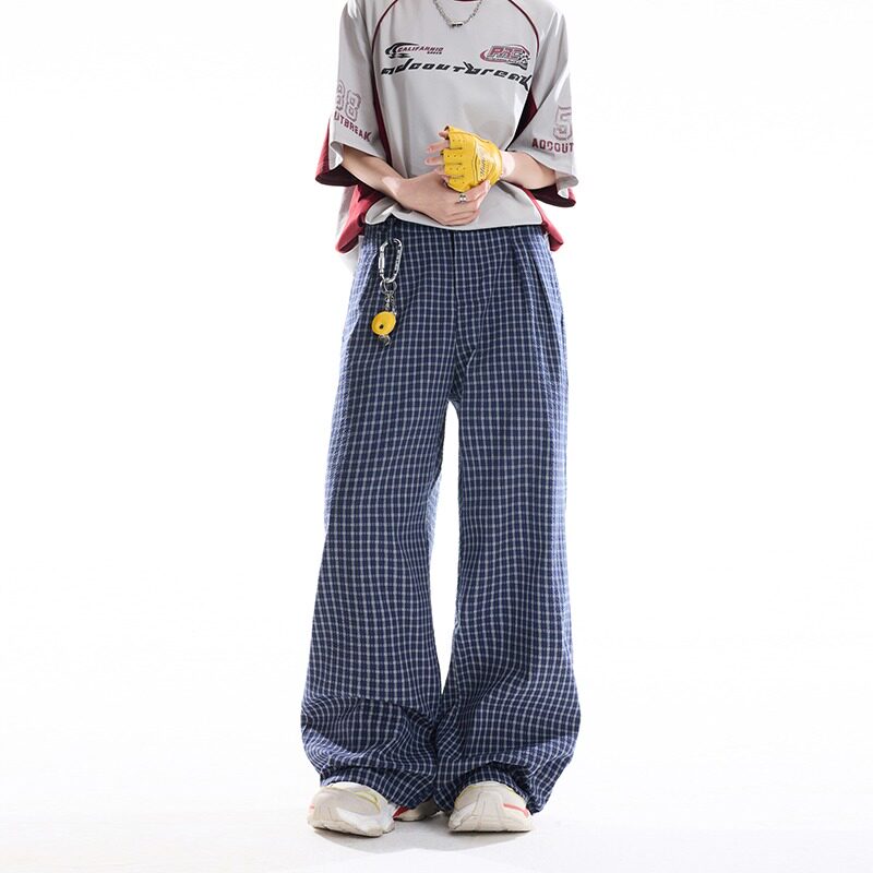 美式复古格子休闲裤女春季新款中性高腰宽松显瘦慵懒风直筒裤子男