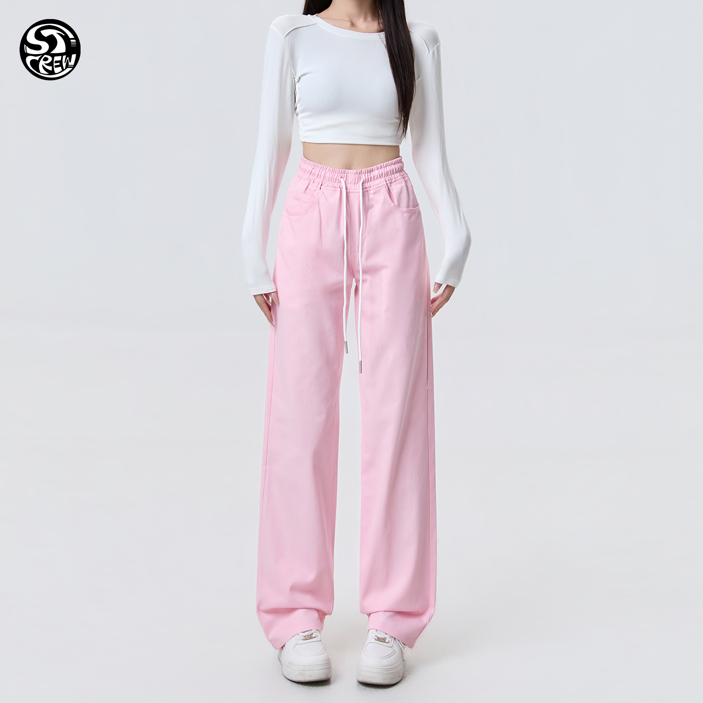 STC美式复古粉色滑板美潮运动休闲百搭男女宽松直筒抽绳工装长裤