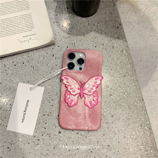 不想加油ins小众粉色牛仔蝴蝶手机壳适用苹果15ProMax高级感手机软壳iPhone13/14全包边防摔保护套12