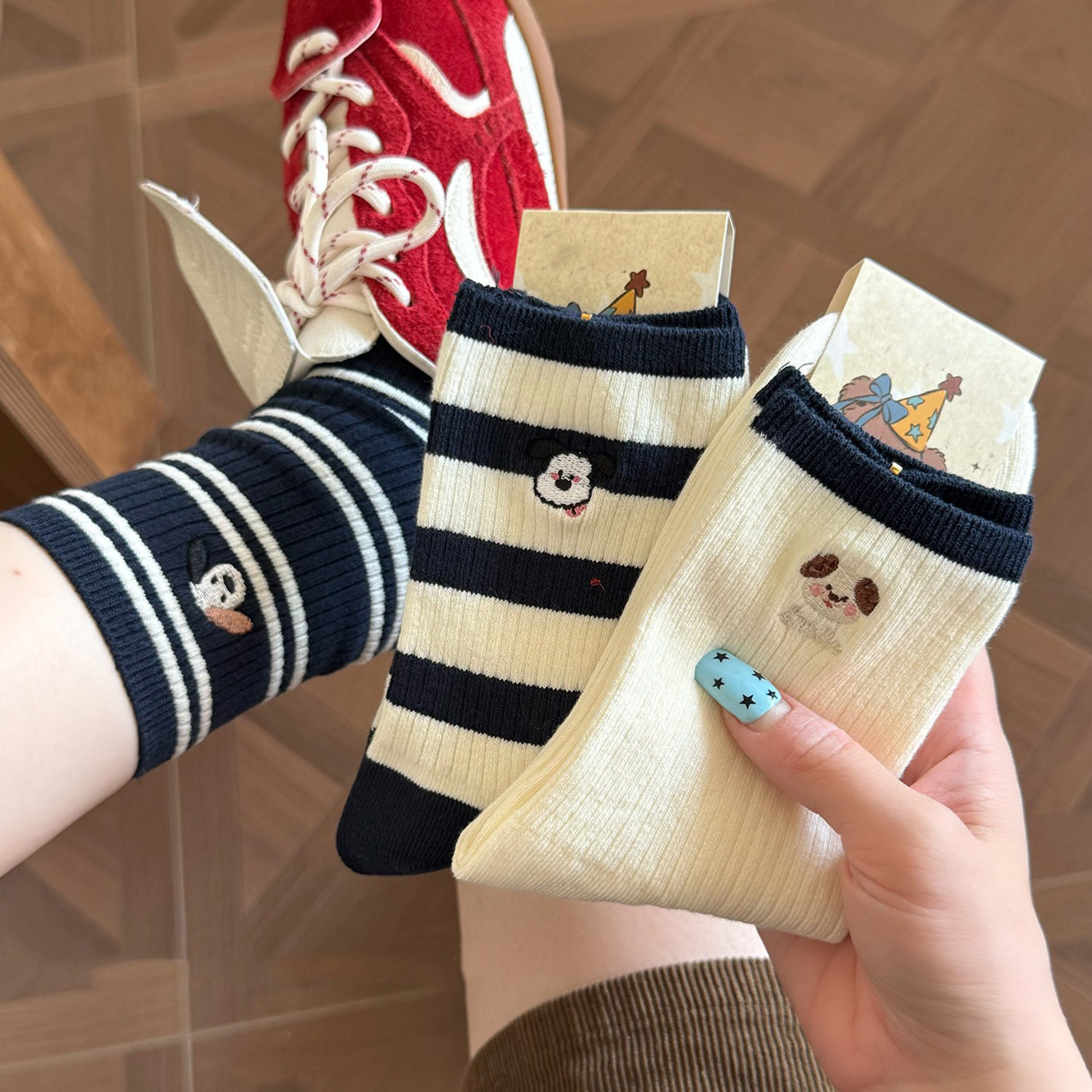 可爱双针袜子女中筒袜纯棉秋冬
