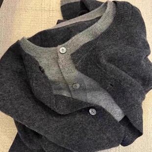 格雷系假两件100%纯羊毛开衫女撞色慵懒风羊毛针织打底衫上衣外套