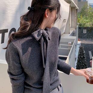 法式飘带领羊毛女春秋新宽松显瘦配大衣羊毛针织打底衫长袖毛衣