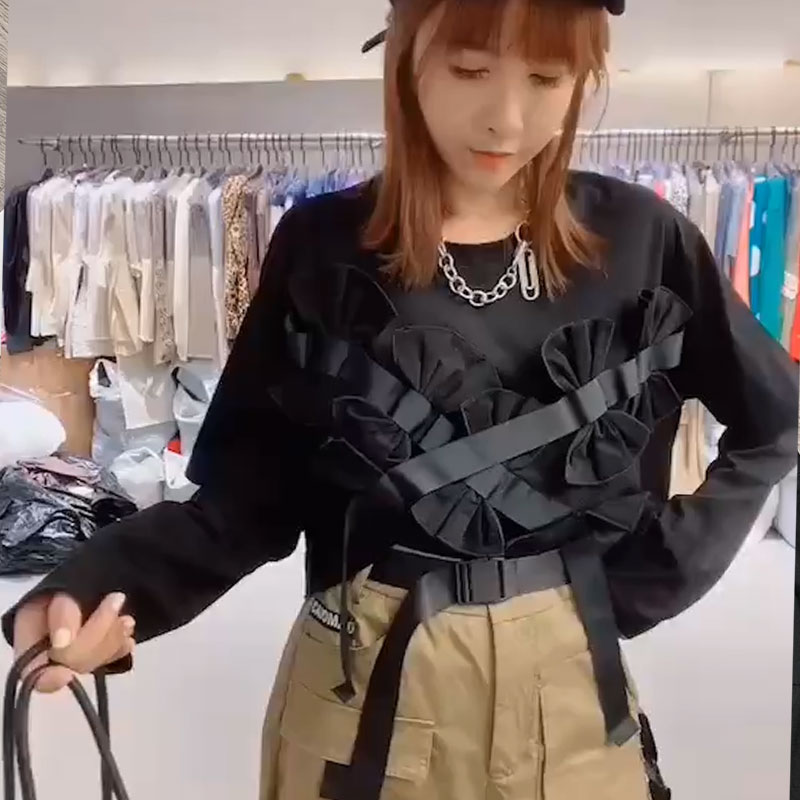 欧洲站正版欧货秋高端女士丝光棉t恤立体花朵上衣打底衫蝴蝶结长