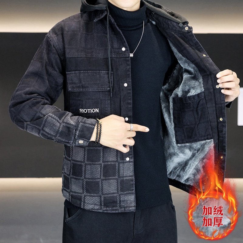 冬季新款连帽加绒加厚牛仔夹克男士潮流休闲高级感时尚棉衣外套男