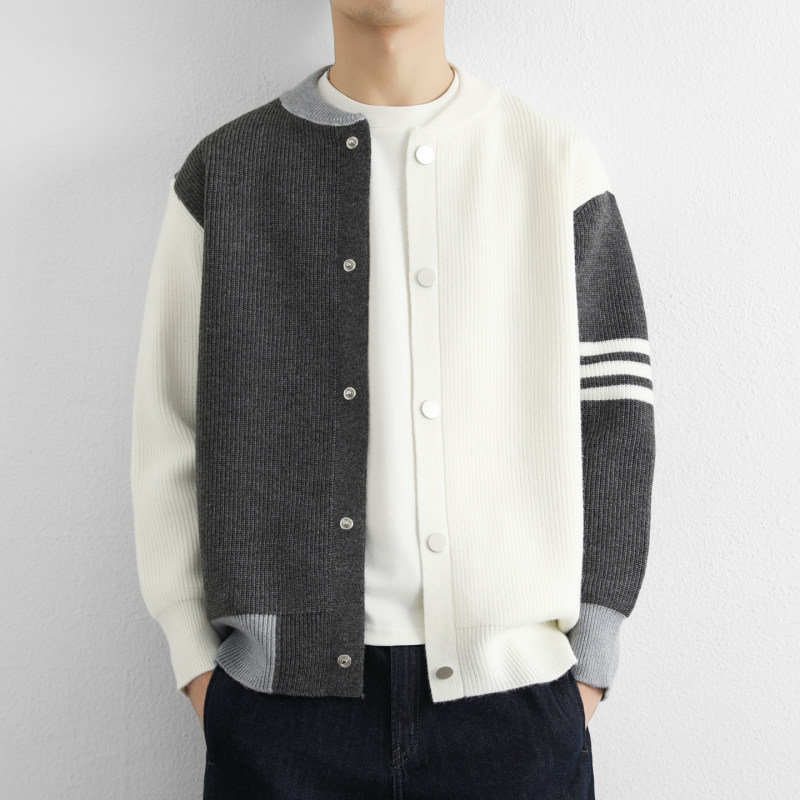 高级感针织开衫外套男春秋季潮牌撞色拼接慵懒休闲棒球领毛衣夹克